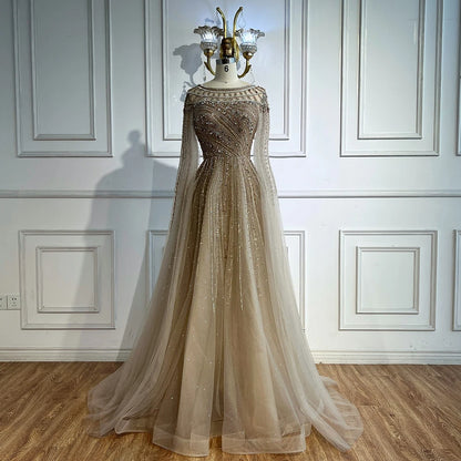 Luxury Caramel Beaded Evening Dress with Cape LA72994 - SERENE HILL