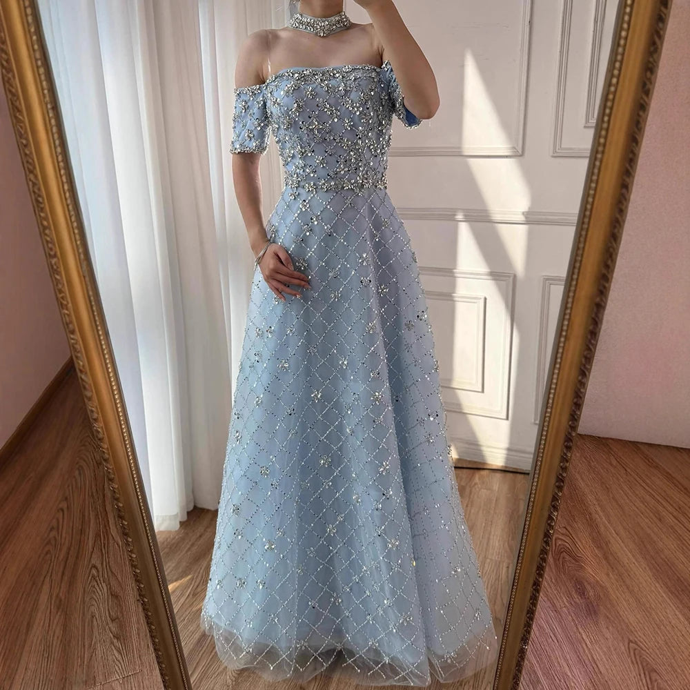 Luxury Nude Sliver Off Shoulder Beaded Crystal A-Line Evening Dress LA73122 - SERENE HILL