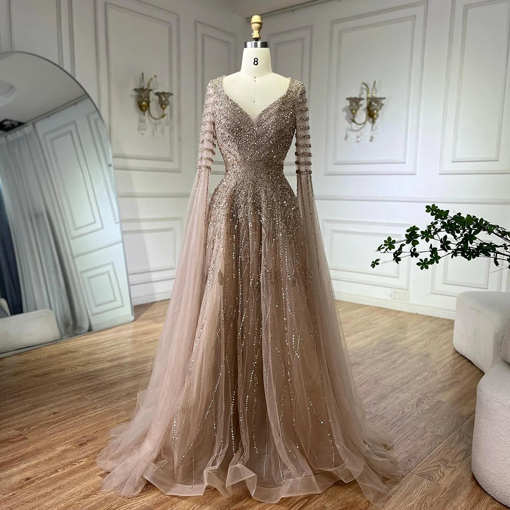 Luxury Dubai Arabic Caramel Elegant A-Line Beaded Long Evening Dresses Gowns with Cape Sleeves for Formal Occasion LA72750 - SERENE HILL