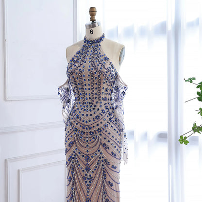 Luxury Kosovo Blue Evening Dress With Gloves LA72760C - SERENE HILL