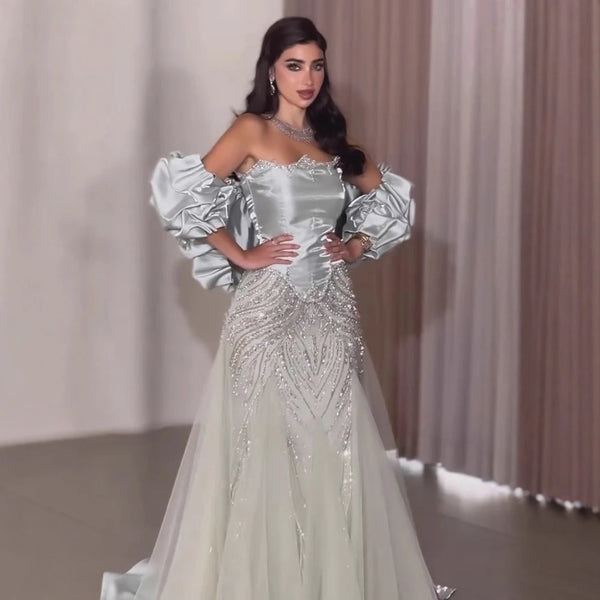 Luxury Sage Green Beaded Mermaid Evening Dress with Balloon Sleeves LA73198