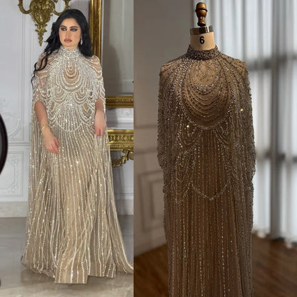 Luxury Silver Nude Beaded Mermaid Evening Dress with Cape LA72484A - SERENE HILL
