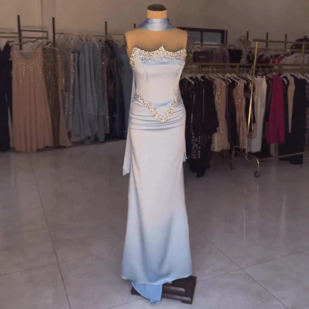 Luxury Blue Mermaid Crystal Beaded Satin Evening Dress LA73175 - SERENE HILL