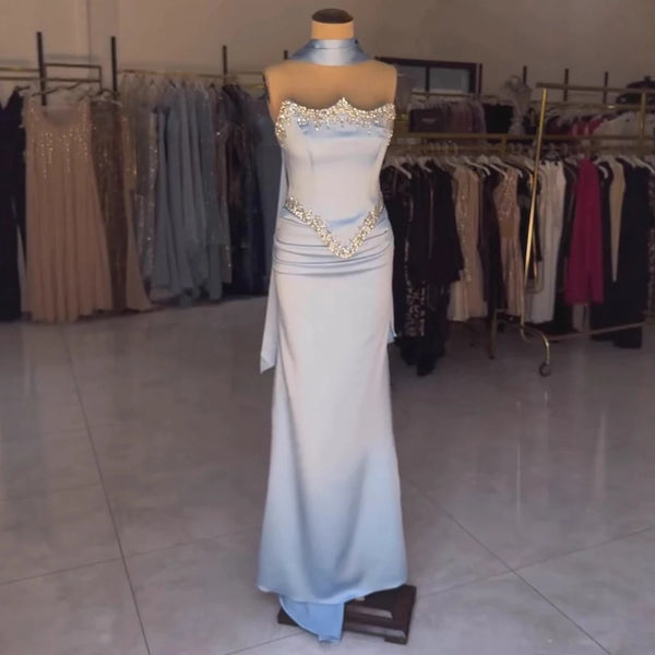 Luxury Blue Mermaid Crystal Beaded Satin Evening Dress LA73175