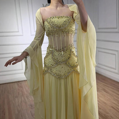 Luxury Blue Evening Dress with Pearls Tassels and Flowing Coat LA72978A - SERENE HILL