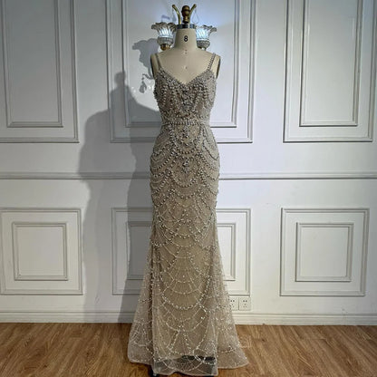 Luxury Nude Beaded Mermaid Evening Dress with Pearls LA72986A - SERENE HILL