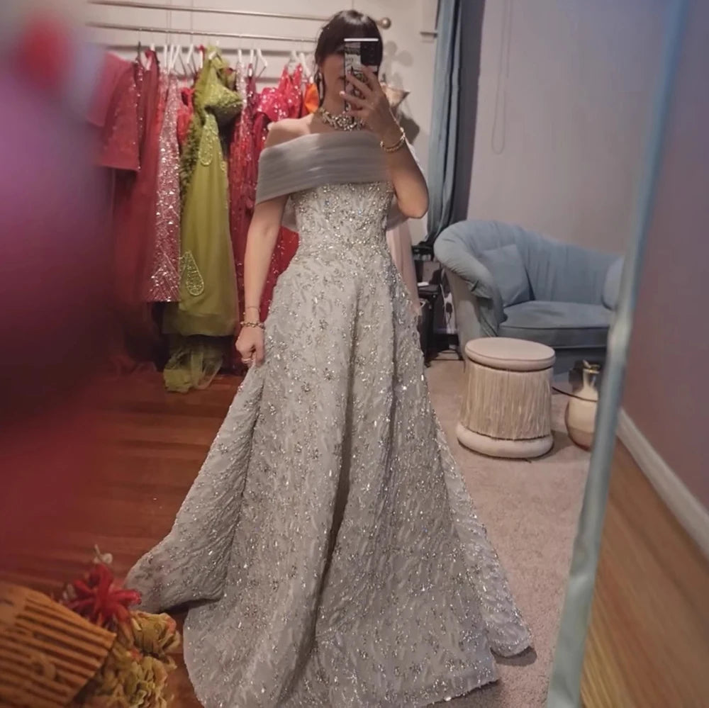 Glamorous Silver Gray Off-Shoulder Beaded Evening Dress LA73062 - SERENE HILL