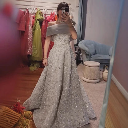 Glamorous Silver Gray Off-Shoulder Beaded Evening Dress LA73062 - SERENE HILL