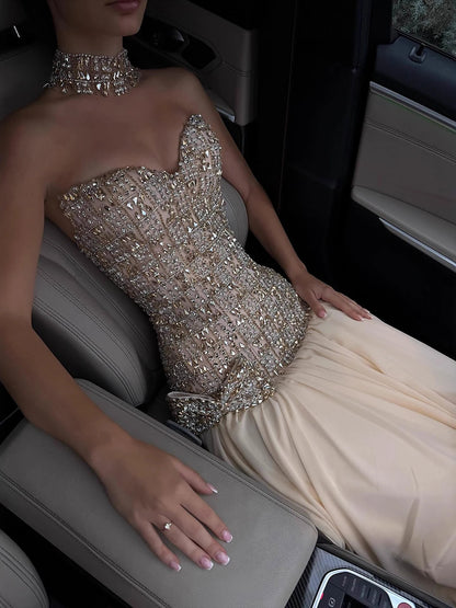 Luxury Champagne A-Line Crystal Beaded Evening Dress LA73361 - SERENE HILL
