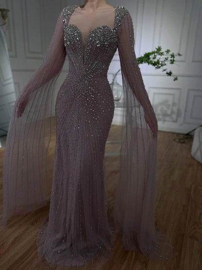 Luxury Caramel Crystal Beaded Mermaid Evening Dress with Cape LA72575D - SERENE HILL
