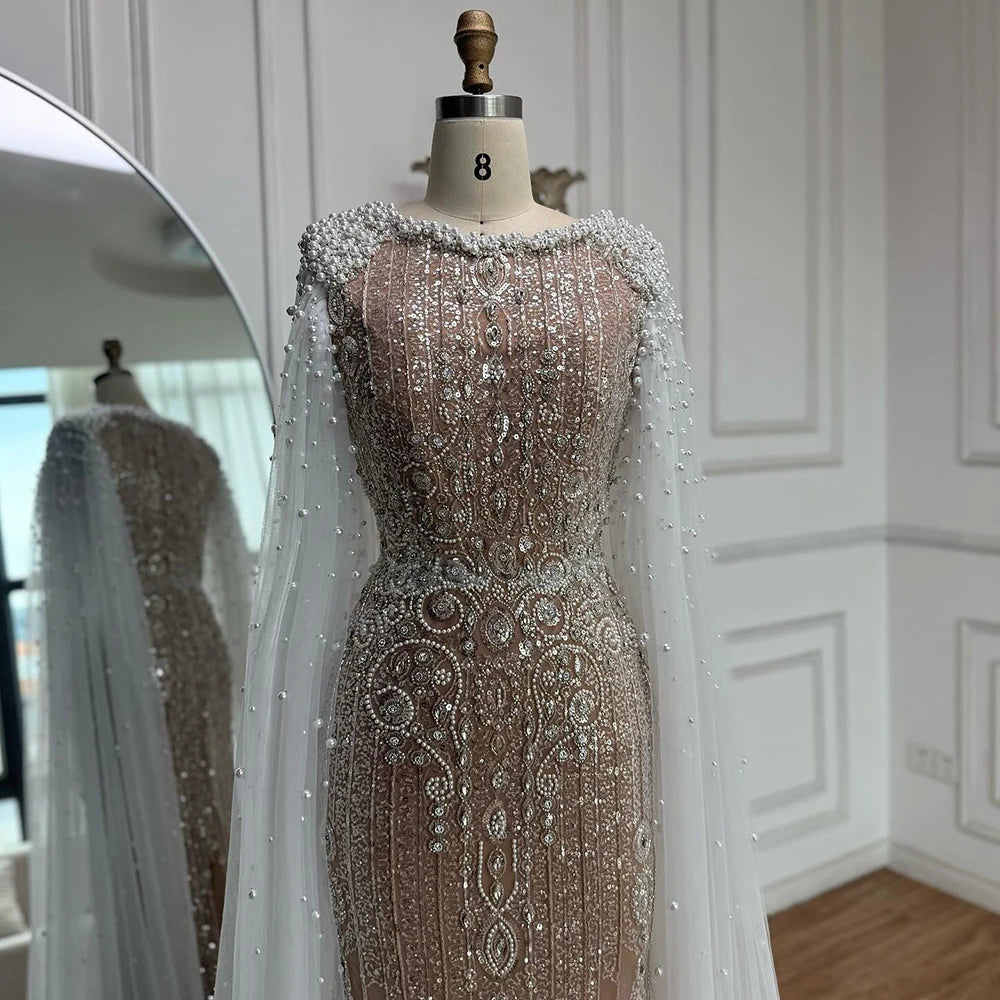 Luxury White Nude Mermaid Pearls Beaded Evening Dress with Cape Sleeves LA72444 - SERENE HILL