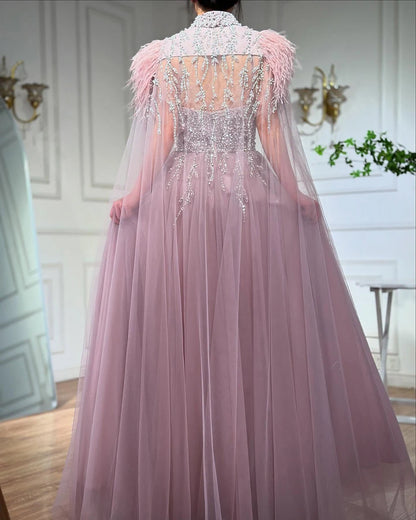Luxury Dubai Arabic Beige A-Line Feathers Long Cape Luxury Beaded Saudi Evening Dresses Gowns for Formal Occasion LA72722 - SERENE HILL