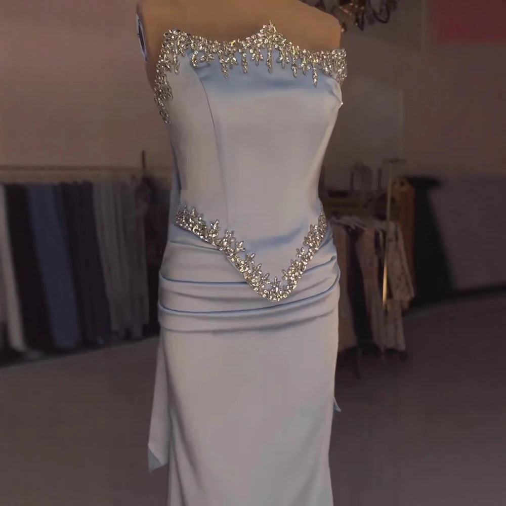 Luxury Blue Mermaid Crystal Beaded Satin Evening Dress LA73175 - SERENE HILL