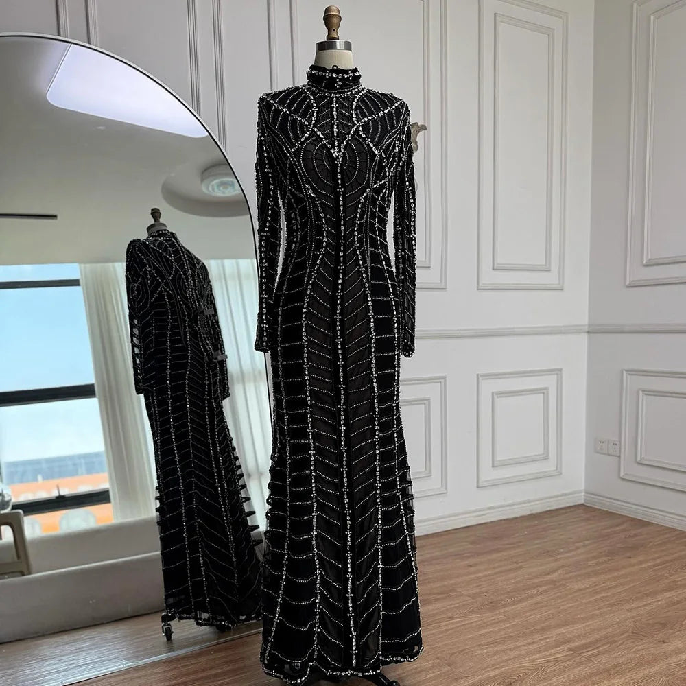 Muslim Luxury Black Beaded Saudi Arabic Mermaid Evening Dress LA72931 - SERENE HILL