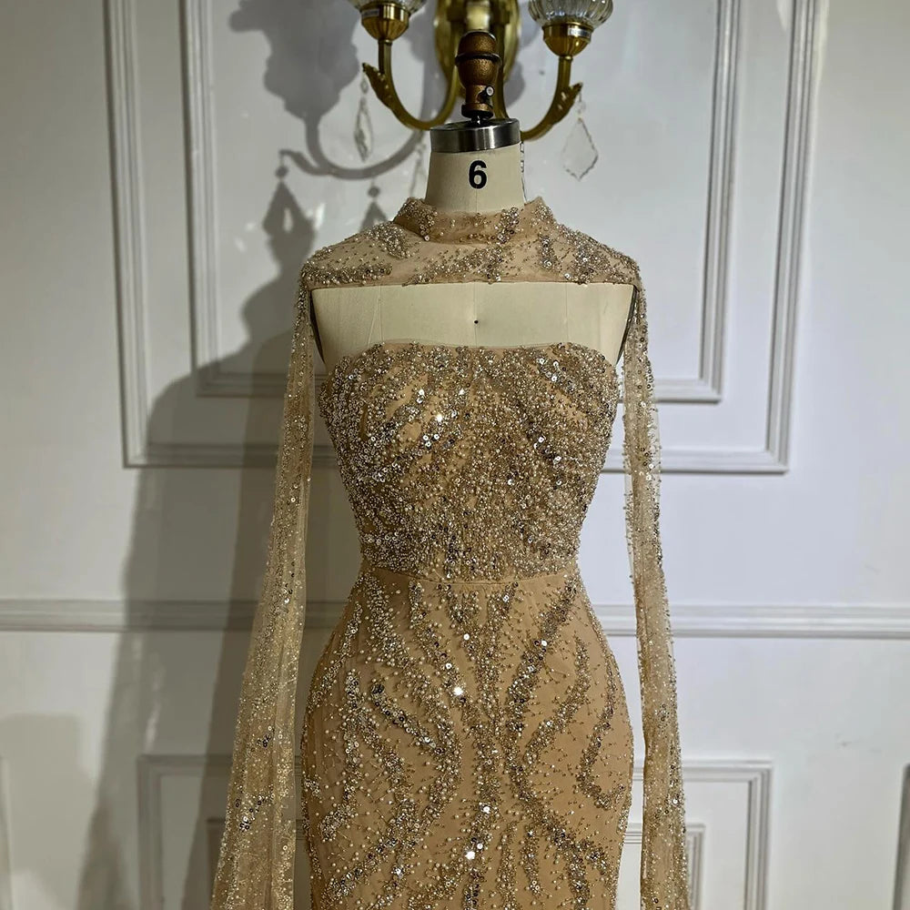 Luxury Nude Beaded Evening Dress with Cape Sleeves LA72824 - SERENE HILL