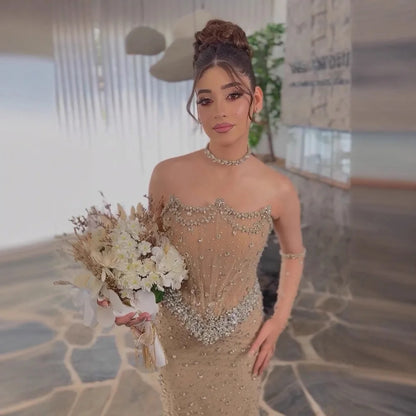 Luxury Nude Crystal Beaded Mermaid Evening Gown with Gloves LA73138 - SERENE HILL