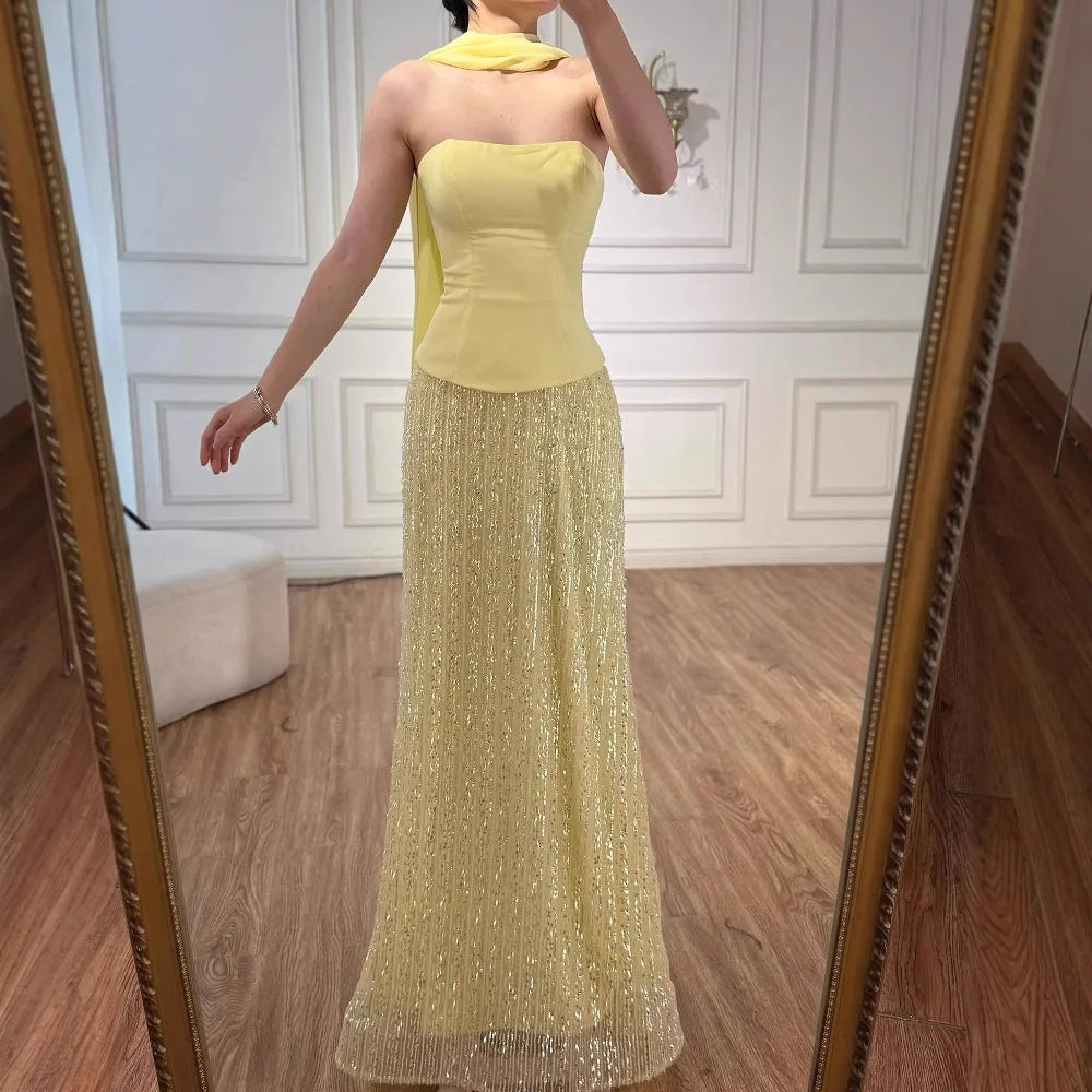 Luxury Yellow Chiffon Mermaid Evening Dress with Cape LA73007 - SERENE HILL