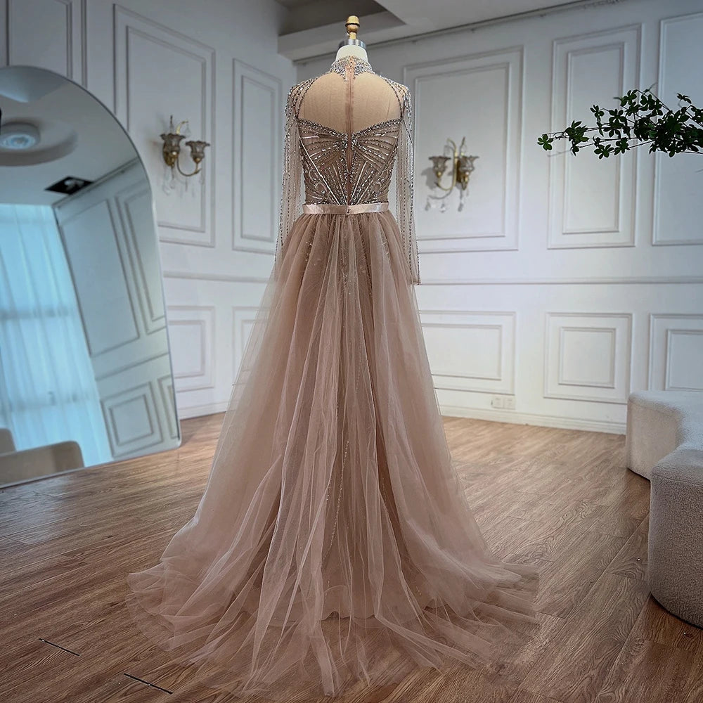 Luxury Nude Modest Beaded Evening Dress Long Sleeves With Overskirt LA72990 - SERENE HILL