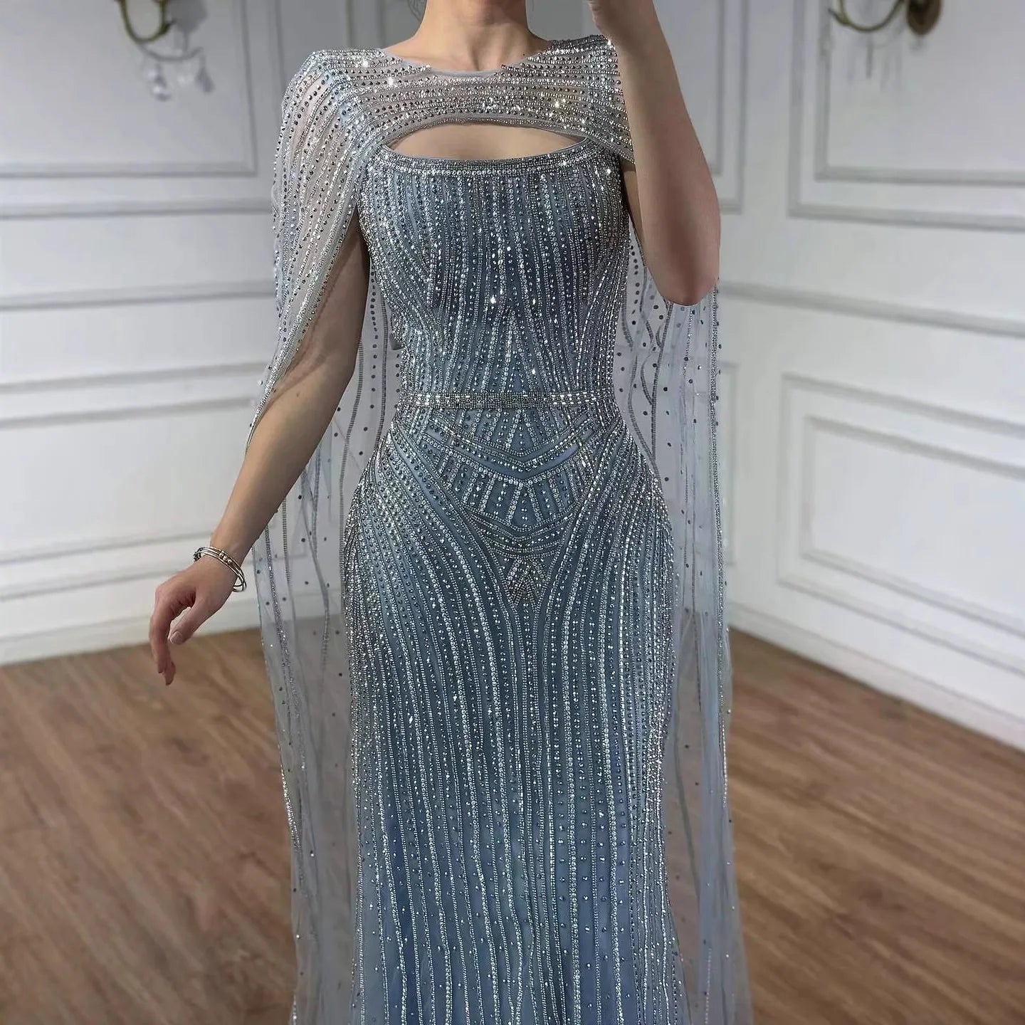 Luxury Blue Diamond Evening Dress With Cape LA73426 - SERENE HILL