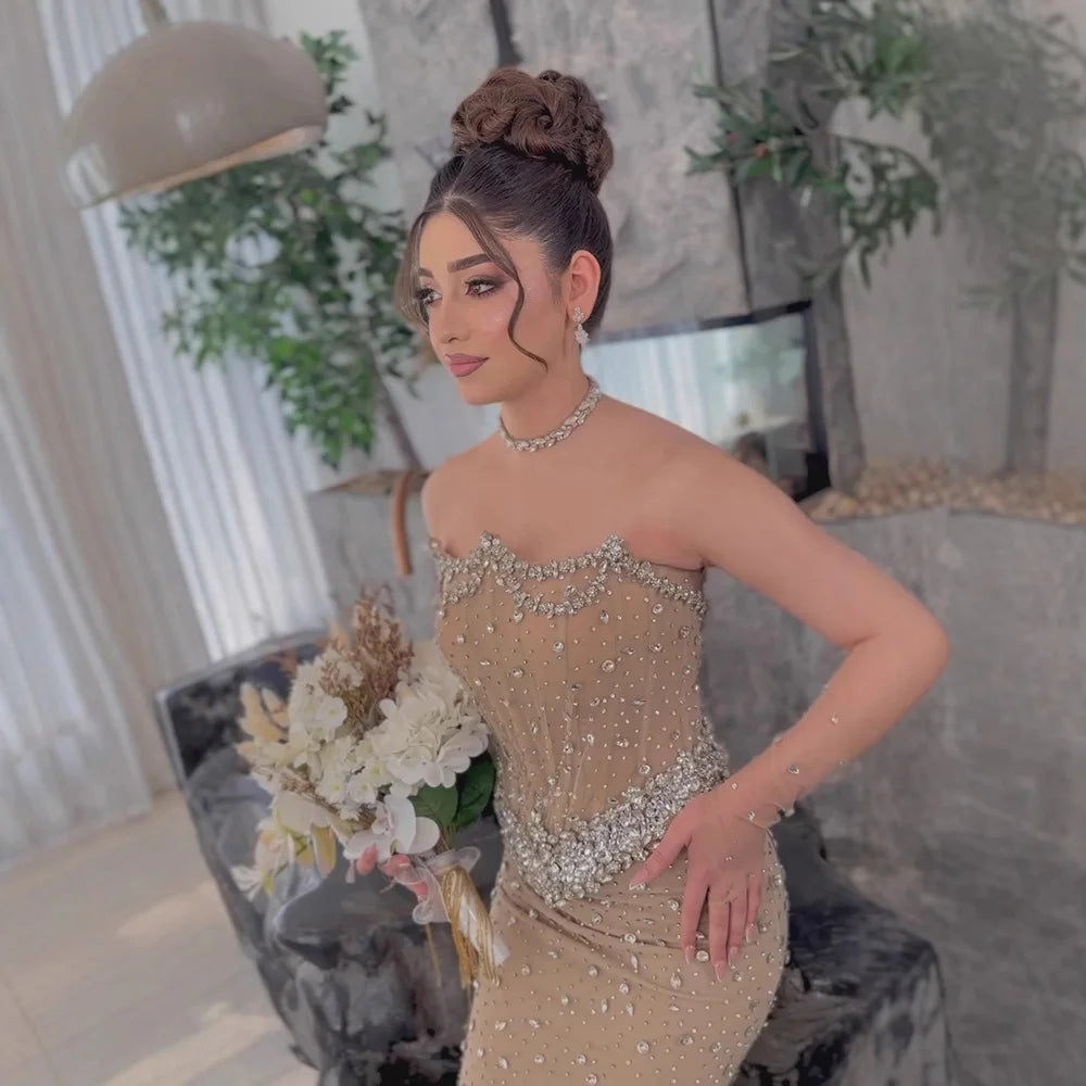 Luxury Nude Crystal Beaded Mermaid Evening Gown with Gloves LA73138 - SERENE HILL