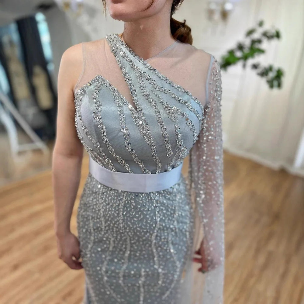 Elegant Nude One Shoulder Feather Beaded Mermaid Evening Dress LA71096 - SERENE HILL
