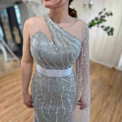 Elegant Nude One Shoulder Feather Beaded Mermaid Evening Dress LA71096 - SERENE HILL
