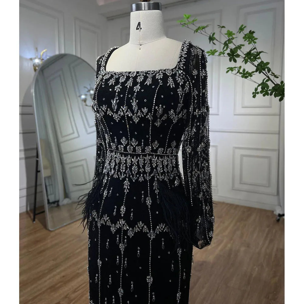 Luxury Black Feathers Midi Evening Dress with Long Sleeve LA71492AM - SERENE HILL