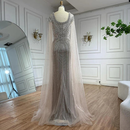 Luxury Arabic Nude Beaded Evening Dress with Cape Sleeves LA73181 - SERENE HILL