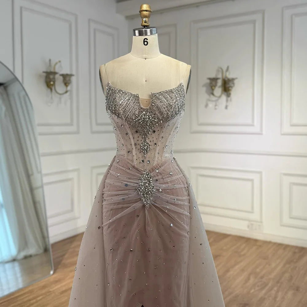 Luxury White Nude Beaded Evening Dress with Overskirt LA73107 - SERENE HILL
