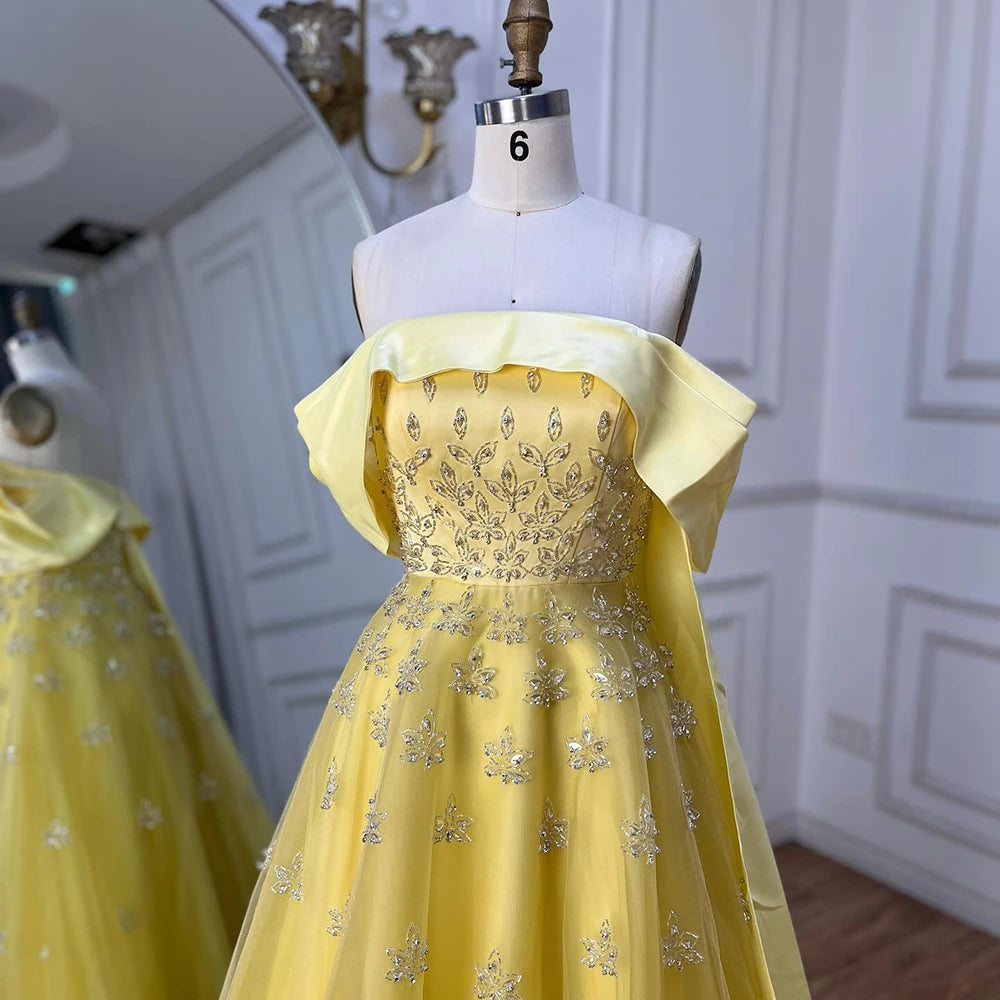 Serene Hill Luxury Dubai Arabic Yellow Elegant Boat Neck Long Evening Dress Beaded Party Gown for Women&