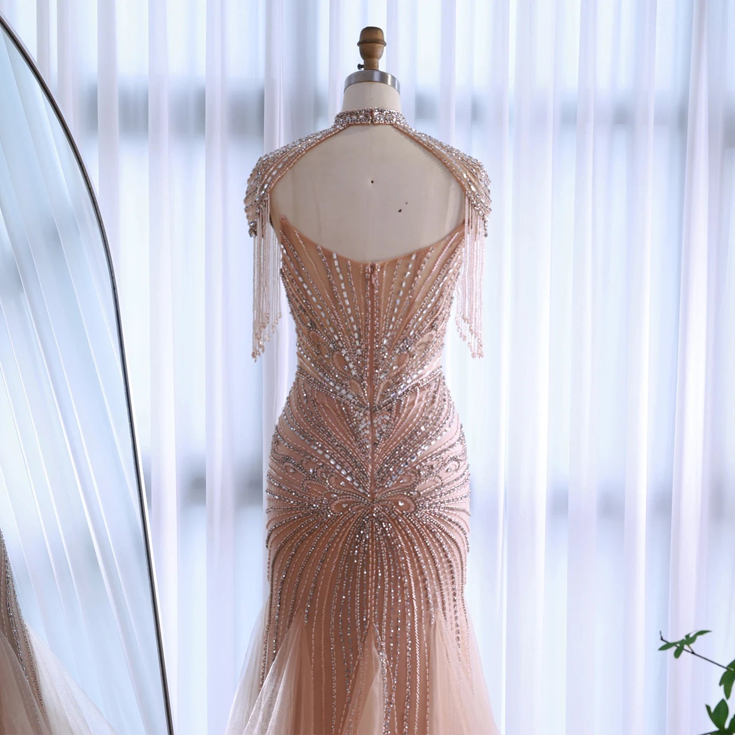 Luxury Dubai Beaded Blue Pink Evening Dress with Tassel Cape LA72897B - SERENE HILL