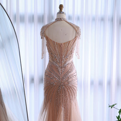 Luxury Dubai Beaded Blue Pink Evening Dress with Tassel Cape LA72897B - SERENE HILL
