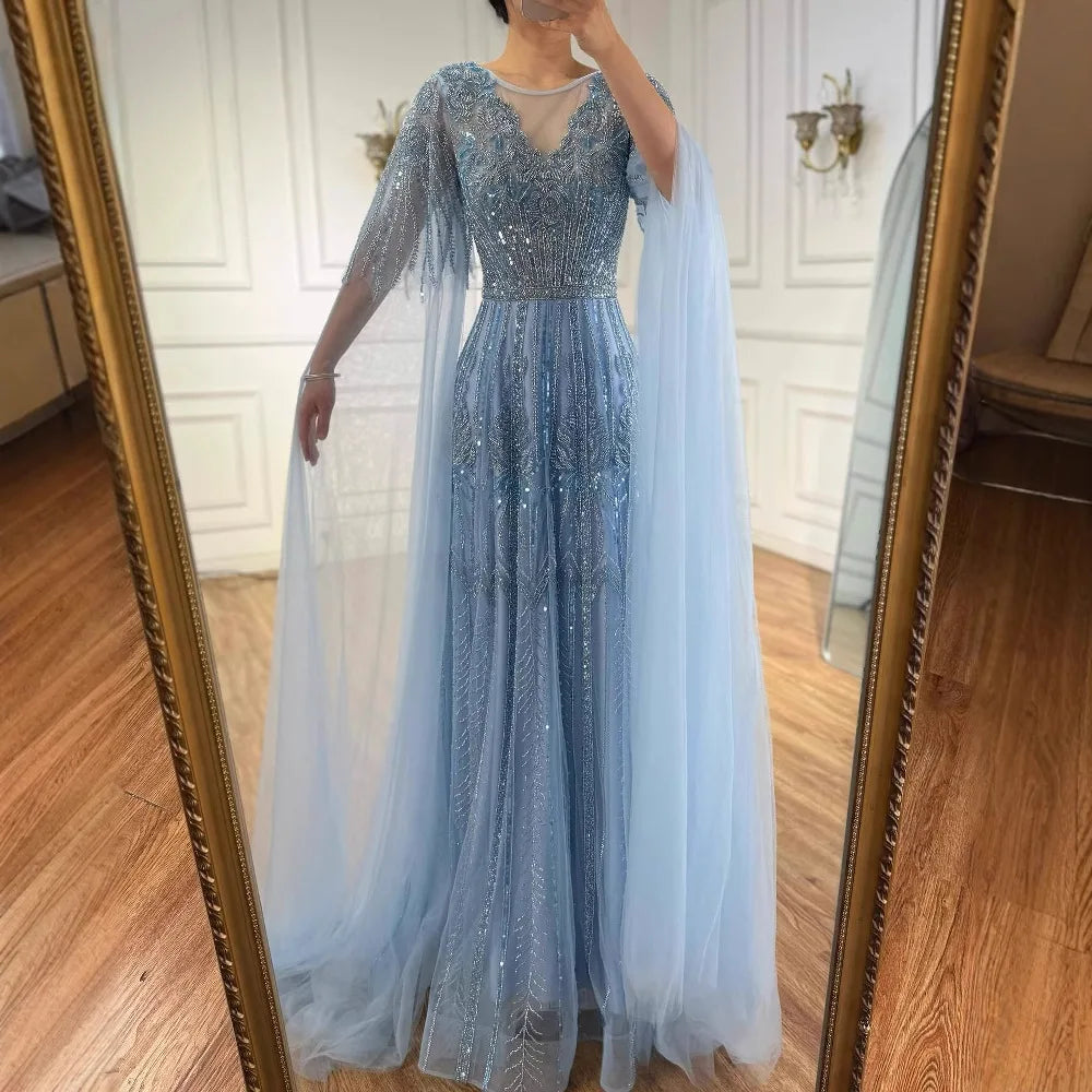 Elegant Beaded A-Line Evening Dress with Cape Sleeves LA73056 - SERENE HILL