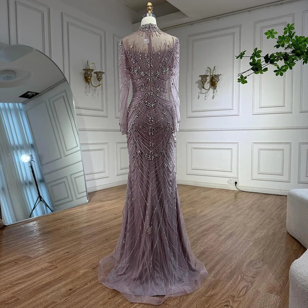 Luxury Pink Beaded Mermaid Evening Dress Long Sleeve LA73158 - SERENE HILL