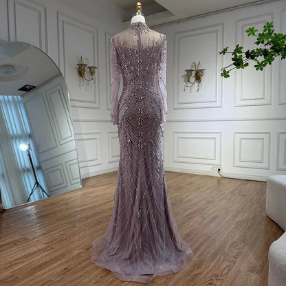 Luxury Pink Beaded Mermaid Evening Dress Long Sleeve LA73158 - SERENE HILL