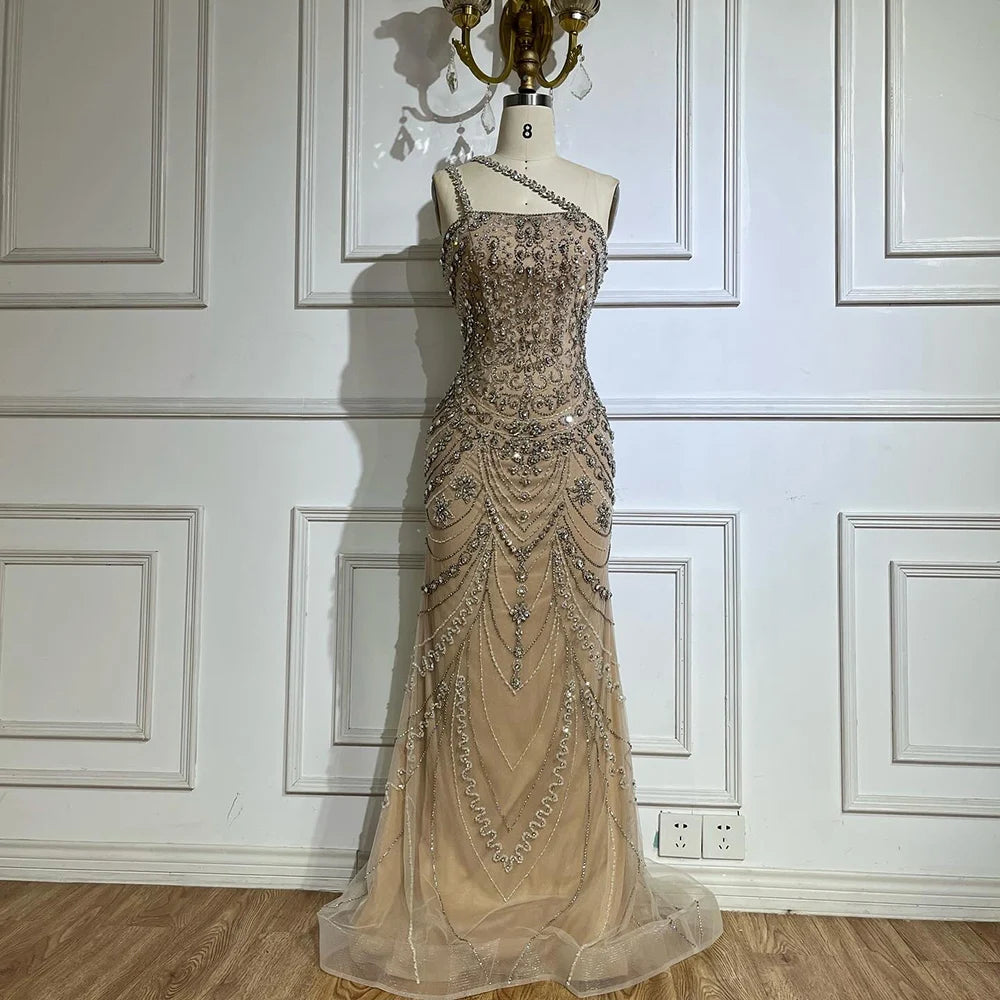 Luxury Dubai Elegant Nude One Shoulder Beaded Evening Dresses Gowns for Formal Occasion LA72791 - SERENE HILL