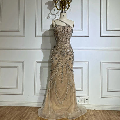 Luxury Dubai Elegant Nude One Shoulder Beaded Evening Dresses Gowns for Formal Occasion LA72791 - SERENE HILL