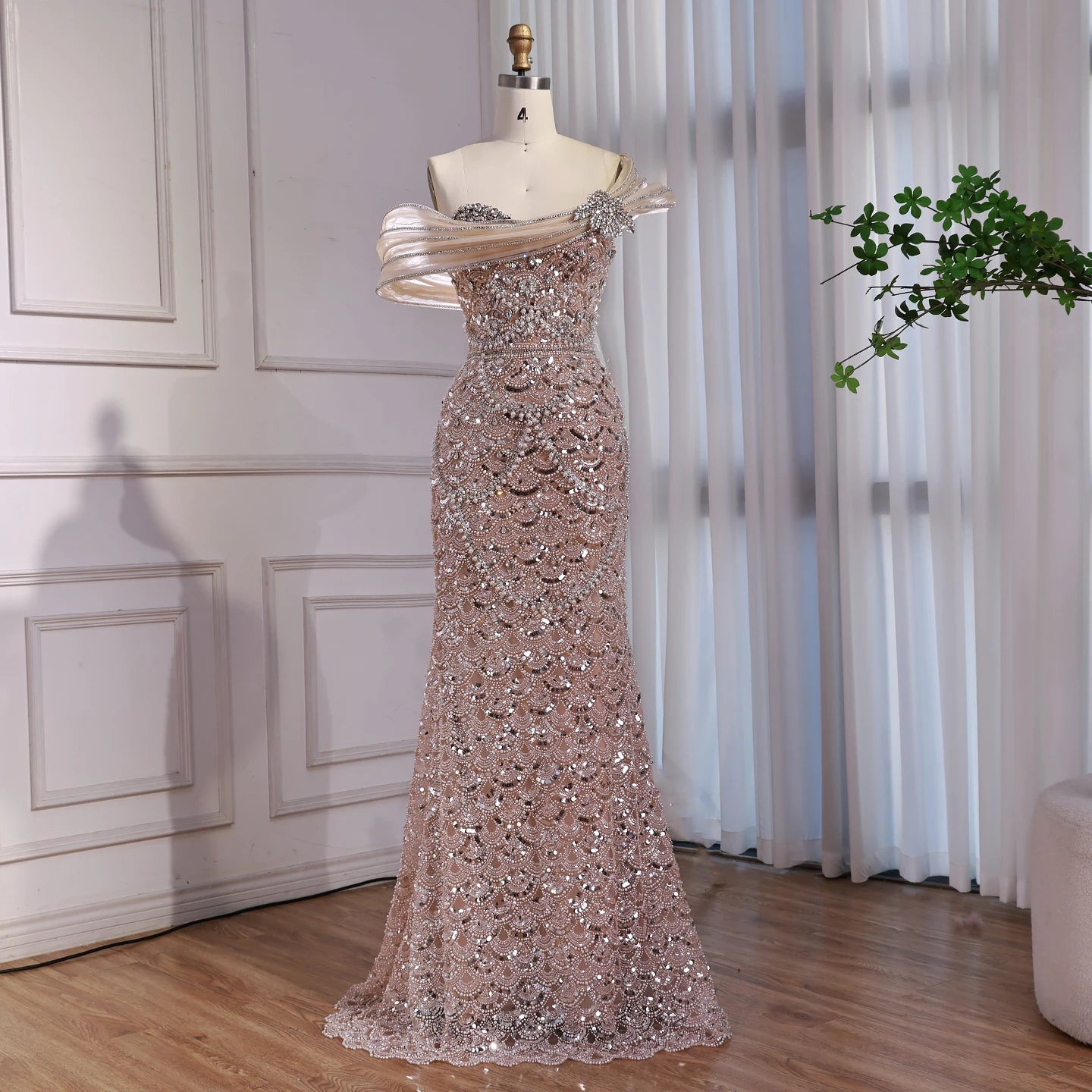 Luxury Nude Beaded Off Shoulder Mermaid Evening Dress LA73365A - SERENE HILL