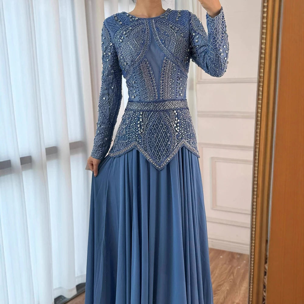 Luxury Designer Blue Beaded Evening Dress with Long Sleeves LA72962 - SERENE HILL