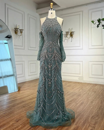 Luxury Turquoise Halter Mermaid Evening Dress LA72980 - SERENE HILL