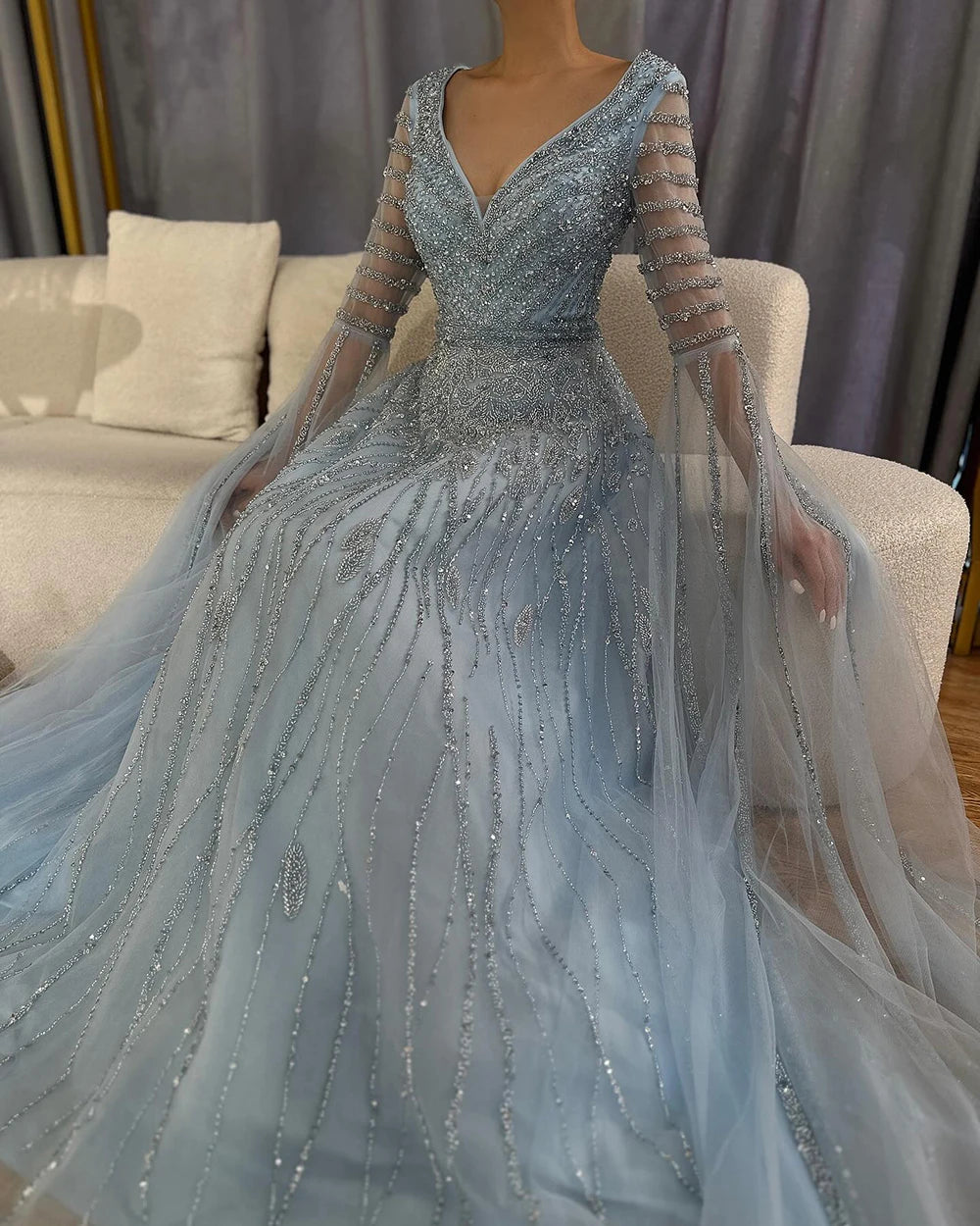 Luxury Dubai Arabic Caramel Elegant A-Line Beaded Long Evening Dresses Gowns with Cape Sleeves for Formal Occasion LA72750 - SERENE HILL