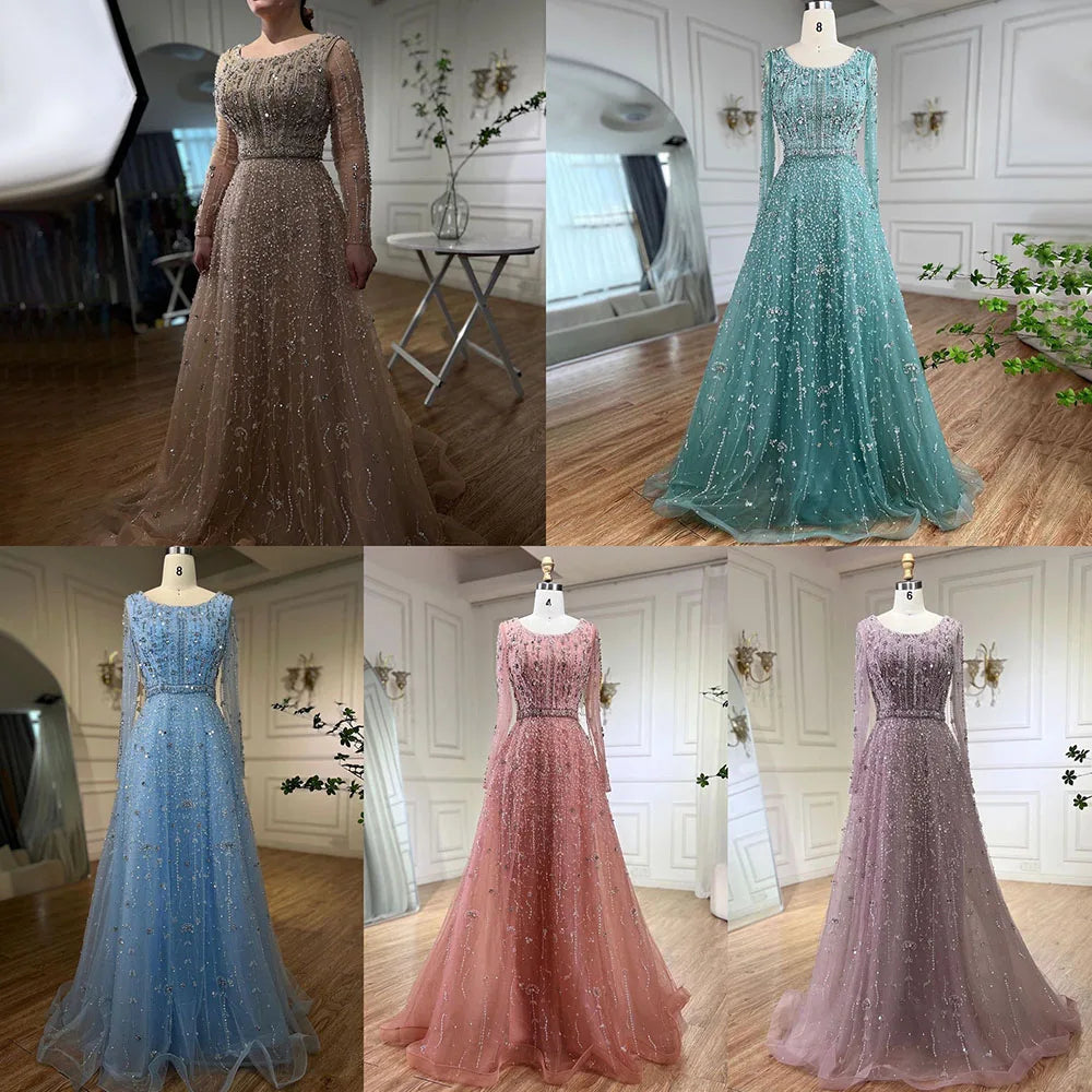 Dubai Designer Luxury Nude A-Line Beaded Evening Dress LA72088 - SERENE HILL