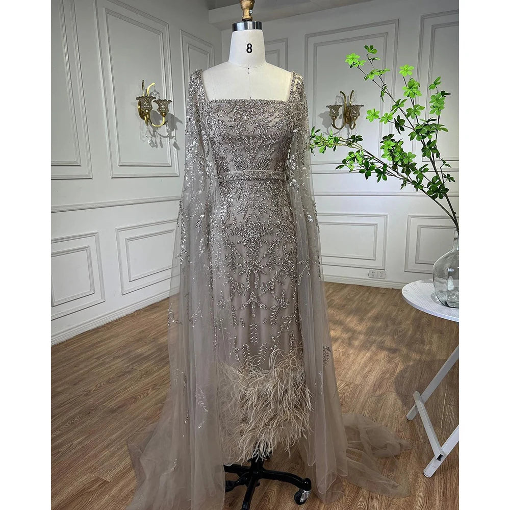 Dubai Luxury Feathers Lilac Evening Dress with Cape Sleeves LA71841 - SERENE HILL