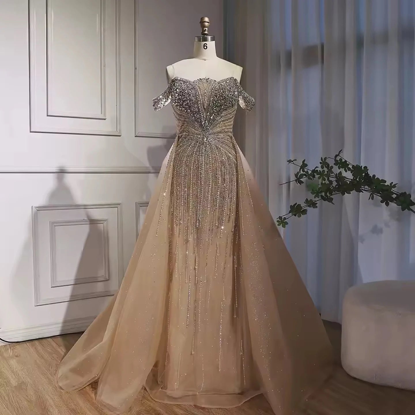 Luxury Beaded Nude Off Shoulder Mermaid Evening Dress LA73392 - SERENE HILL