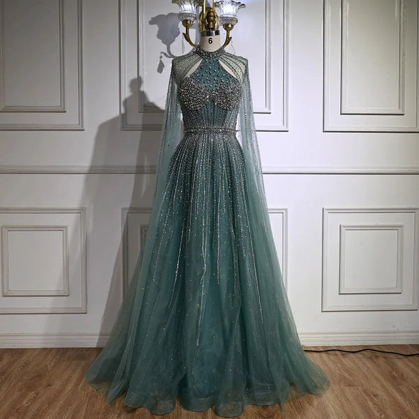Luxury Beaded A-Line Evening Dress with Cape Sleeves LA73054