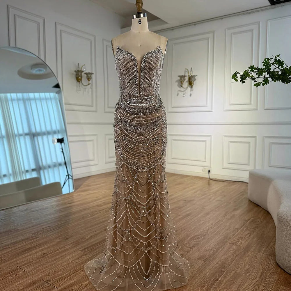 Luxury Nude Silver Beaded Evening Gown with Crystals LA72900 - SERENE HILL