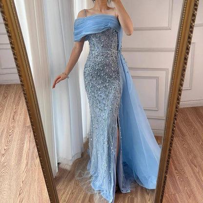 Luxury One Shoulder Blue Evening Dress with Overskirt LA72244A - SERENE HILL