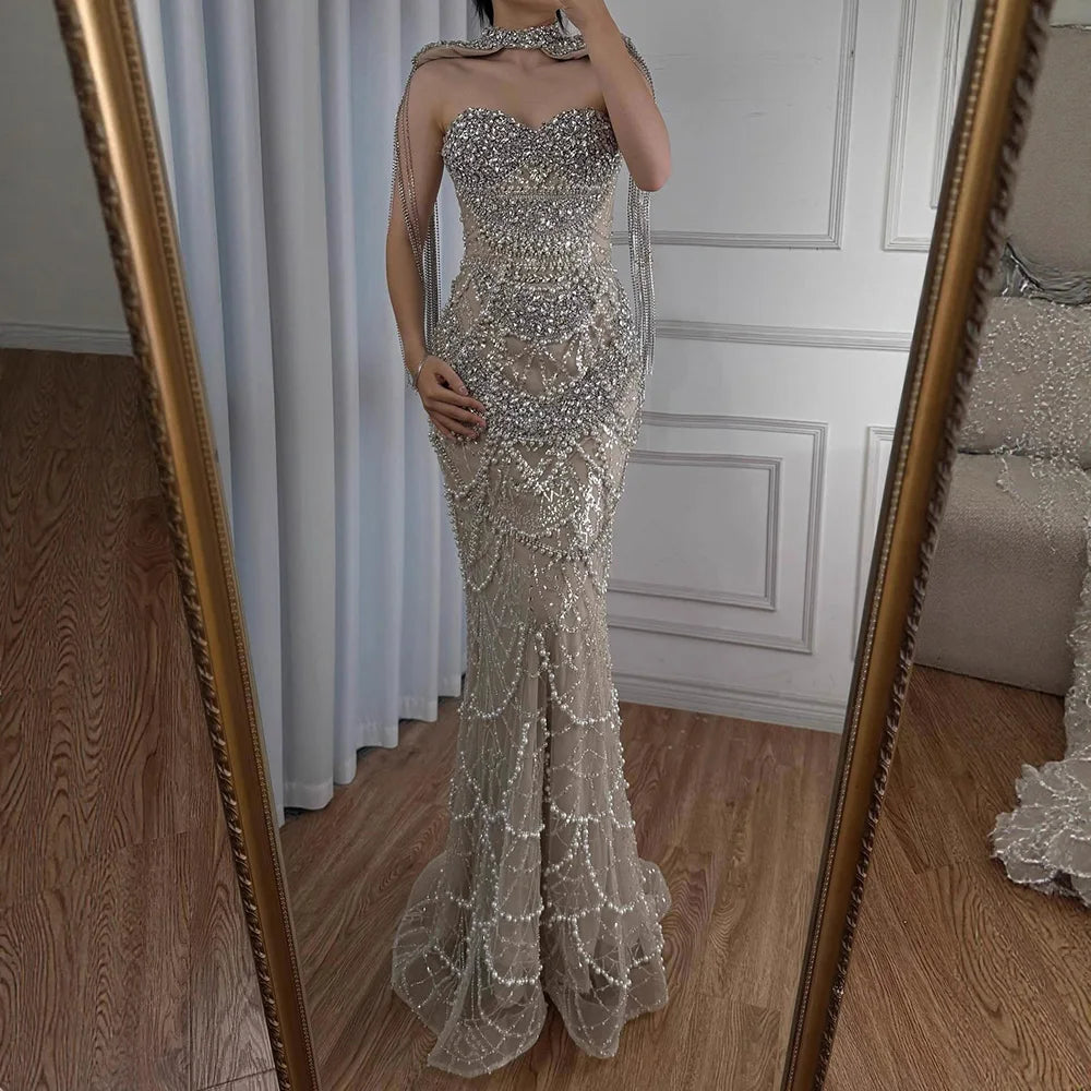 Luxury Dubai Nude Beaded Evening Dress with Tassel Short Cape LA72876 - SERENE HILL