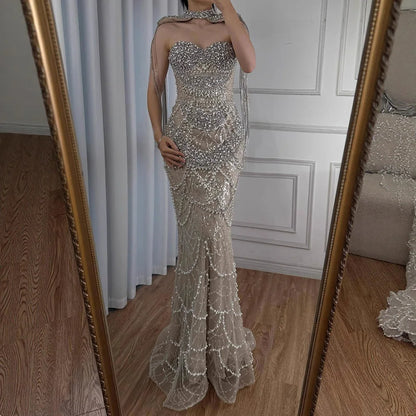 Luxury Dubai Nude Beaded Evening Dress with Tassel Short Cape LA72876 - SERENE HILL