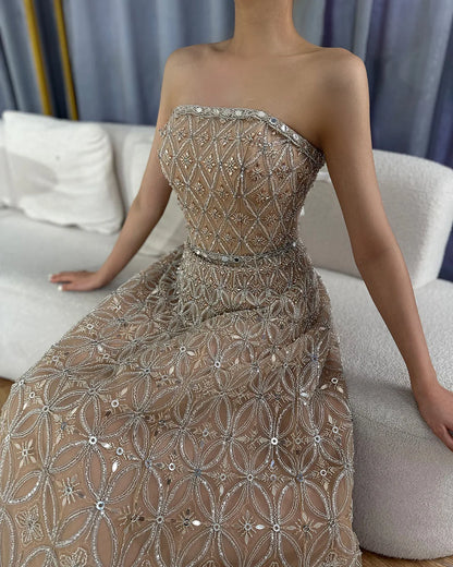 Luxury Dubai Arabic Gray A Line Elegant Beaded Long Evening Dresses Gowns for Formal Occasion LA72755 - SERENE HILL